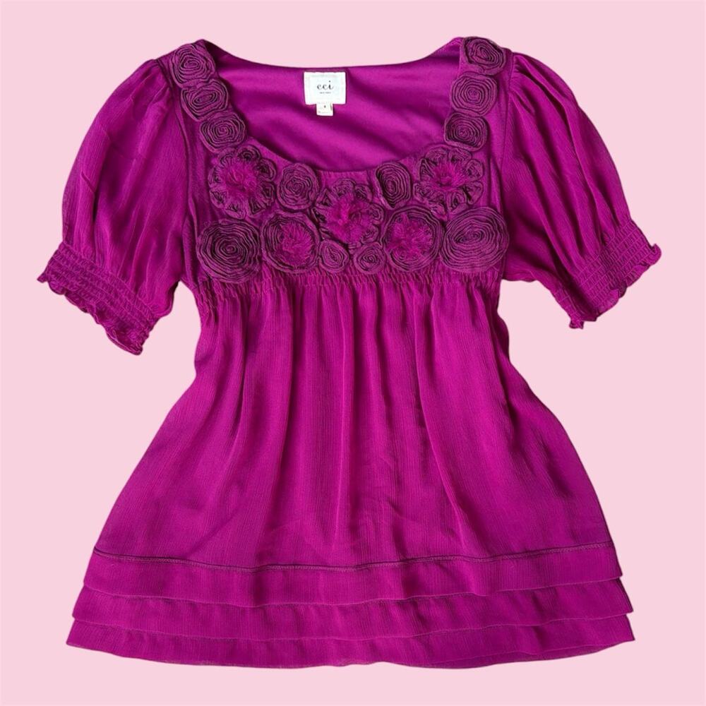 Y2K ECI New York purple babydoll blouse with floral embroidery and ruffles
